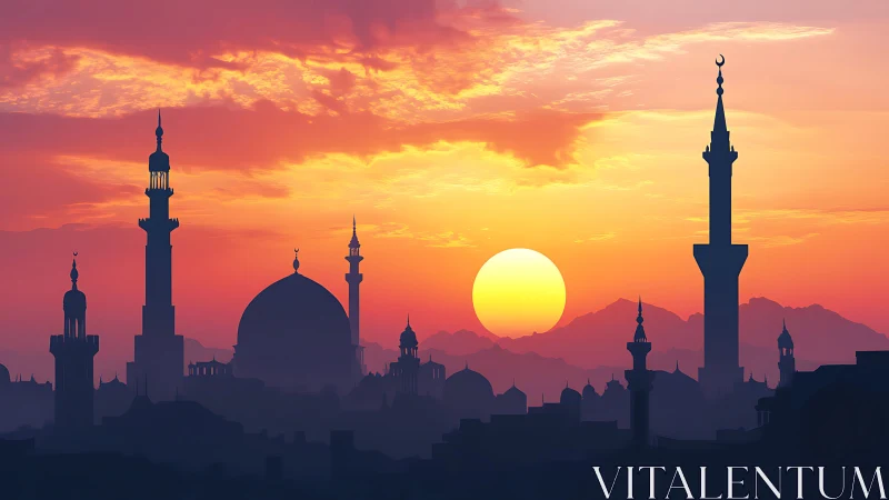 Sunlit mosque skyline rises against a serene flaming dusk