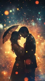 Silhouetted Couple Under Umbrella in Golden Particle Rain.