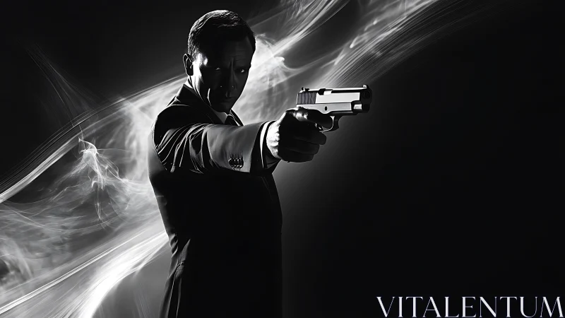 Shadowed gunman in monochrome suit amid swirling smoke.