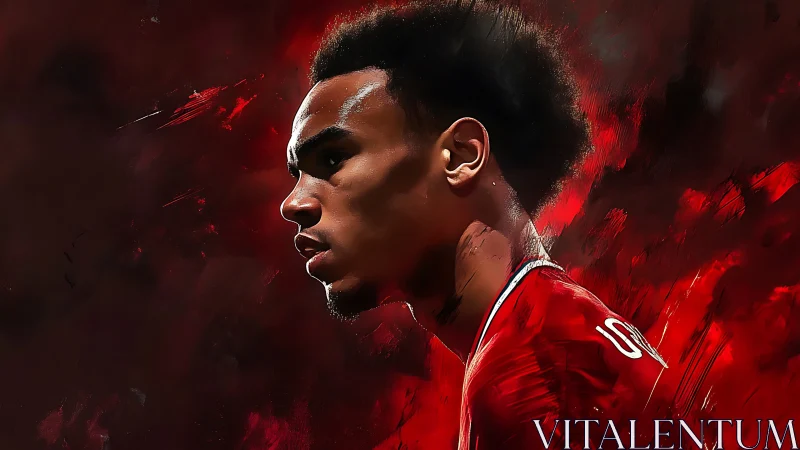 Digital portrait of focused footballer in red kit profile.