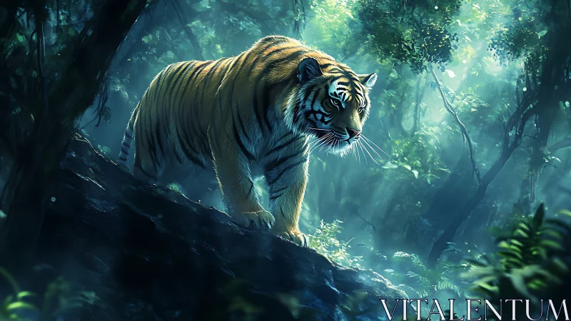 Moonlit jungle stalker prowls through emerald misted leaves.