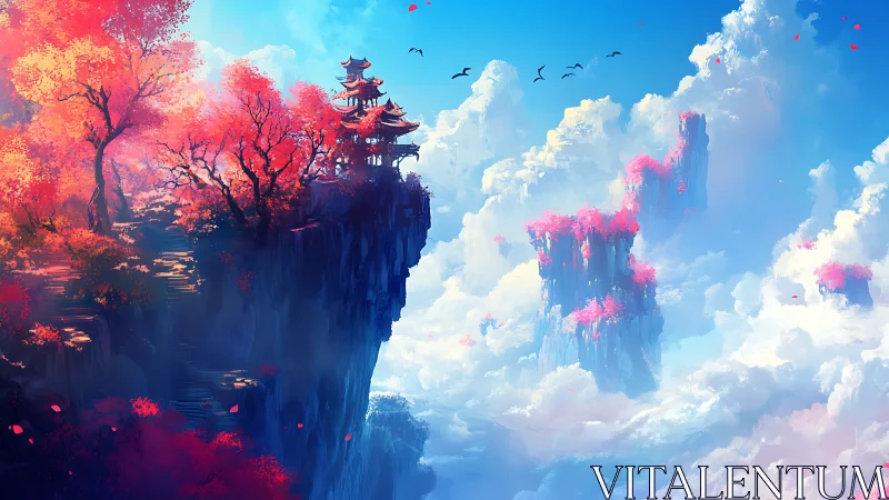 Skycliff pagoda adrift above cotton kingdoms of cloud.