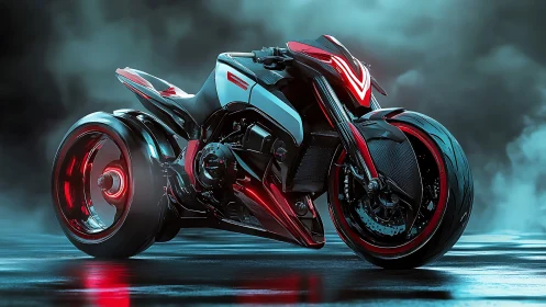 Neon stormcycle prowls through mist on a mirror-slick street