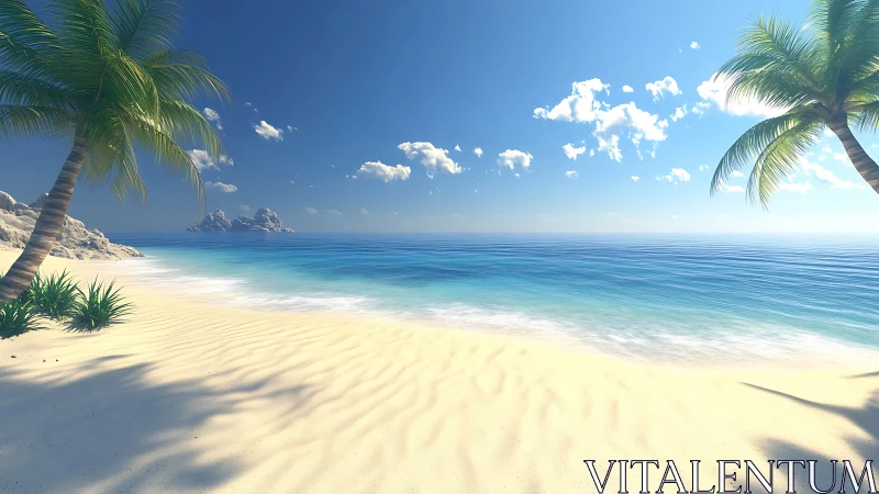 Tropical beach with palm trees, white sand, and turquoise ocean water.