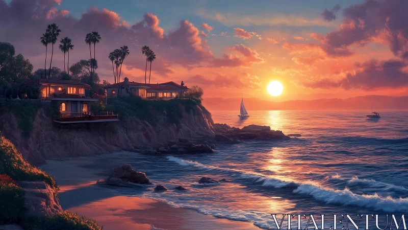 Sunlit coastal villas overlook a radiant cinematic ocean sunset