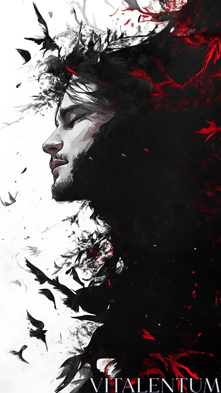 Digital painting portrait in abstract red and black dissolution.