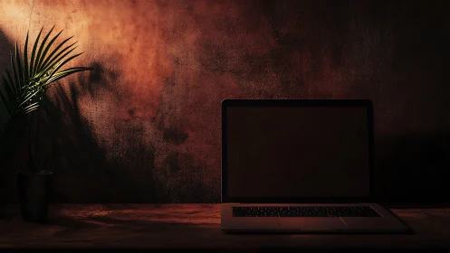 Shadowed laptop waits quietly beneath rust-tinted evening light