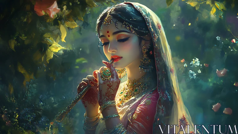 Portrait of veiled woman with flute in dense garden setting.