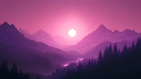 Pink sun over layered mountains and conifer forest valley