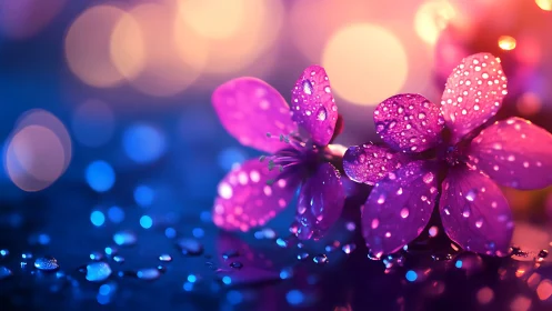 Radiant Purple Blooms Kissed by Dewdrops and Neon Glow.