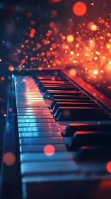 Piano keyboard under glowing red and blue bokeh lights.