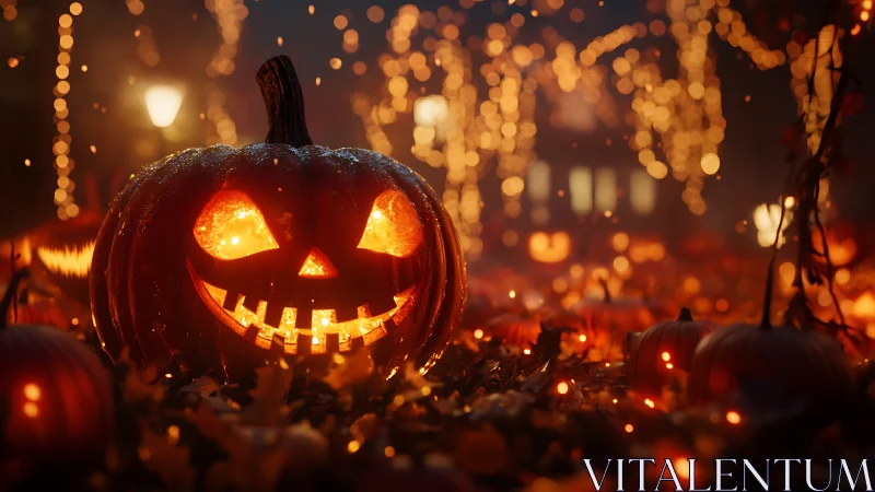 Glowing jack-o&rsquo;-lantern smiles amid sparkling Halloween lights.