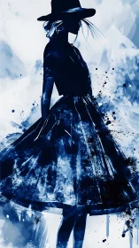 High-contrast ink silhouette of woman in hat with splatter gradients