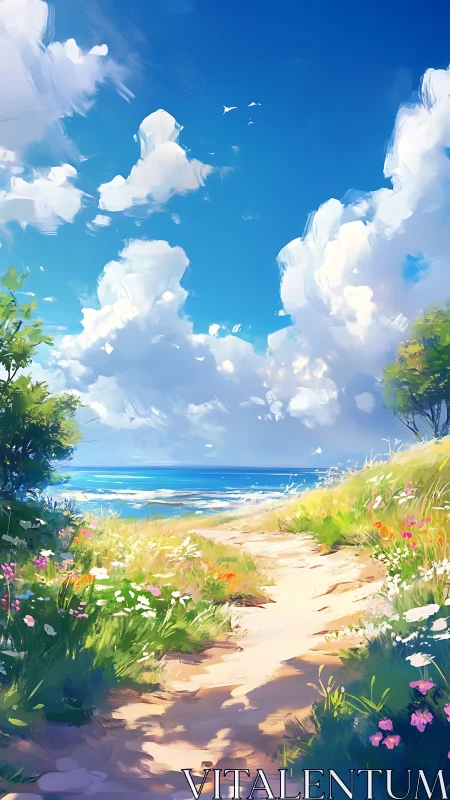 Sunlit sandy path gently leads toward a calm blue sea