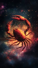 Red crab silhouette floats in vivid nebula-like cosmic space