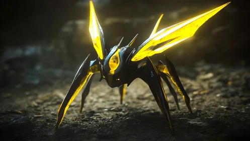 3D biomech insect drone with luminous segmented wings.