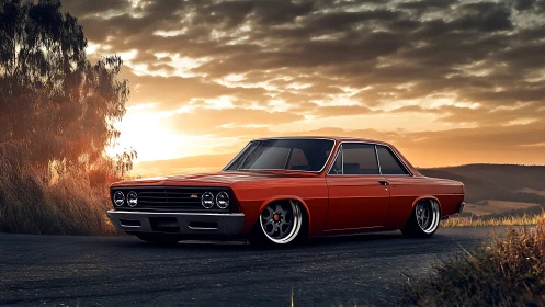 Lowered vintage muscle car glows under dramatic sunset sky.