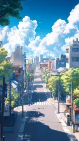 Urban street extends toward distant city skyline under clouds