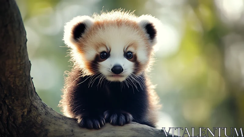 Red panda cub sits on tree branch in soft daylight