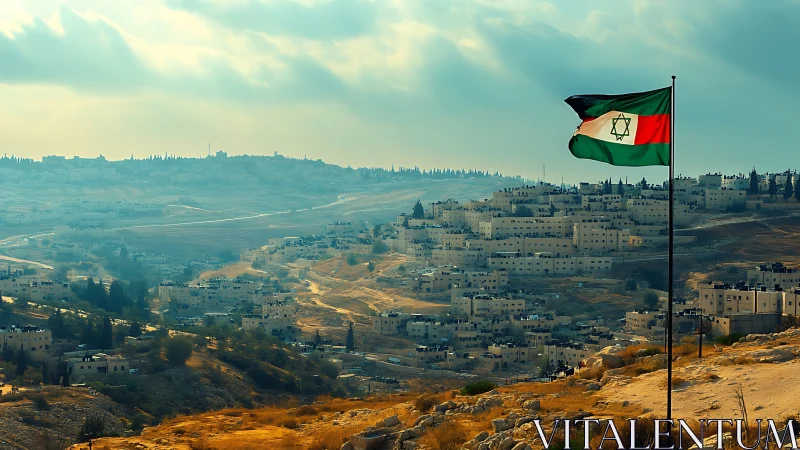 Desert hillside cityscape under dramatic morning backlight.