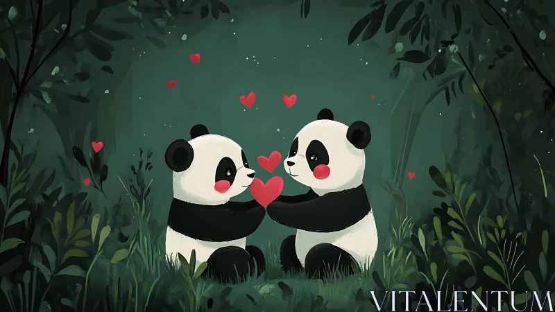 Stylized digital illustration of two pandas sharing hearts