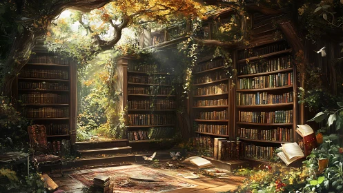 Whispering forest library where sunlight shelves the stories.