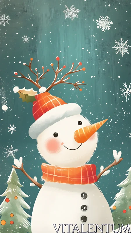 Cheerful snowman reindeer with candy antlers in snowfall.