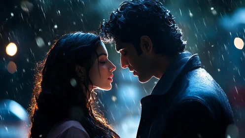 Two figures in rain storm with backlighting