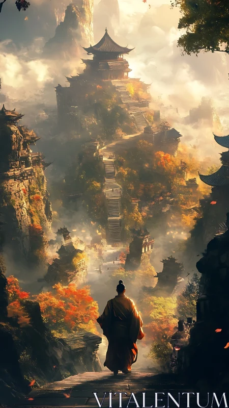 Monk observes tiered mountain temples through autumn haze