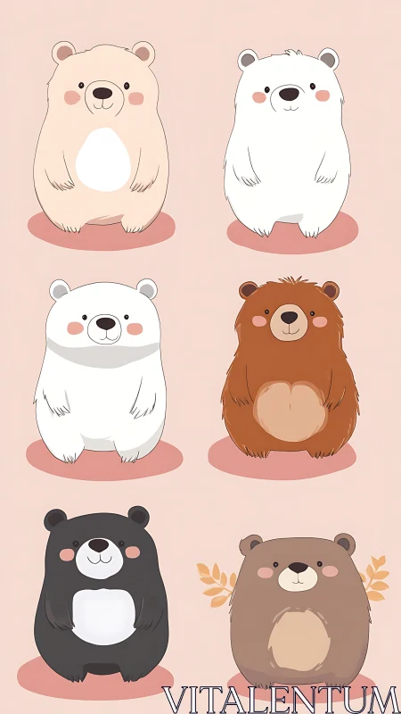Cute cartoon bear characters in six color variations.