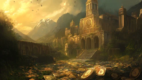 Sunlit ruined citadel overlooks a valley of scattered coins.