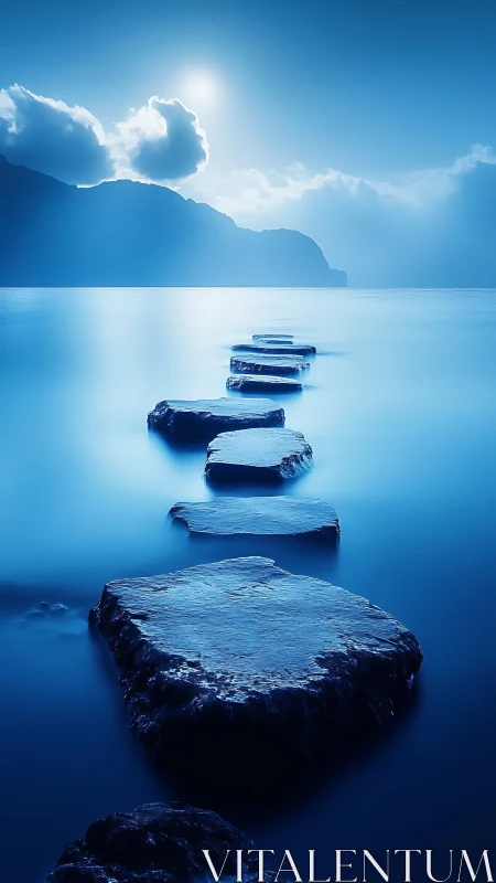 Moonlit stepping stones lead across tranquil blue seascape