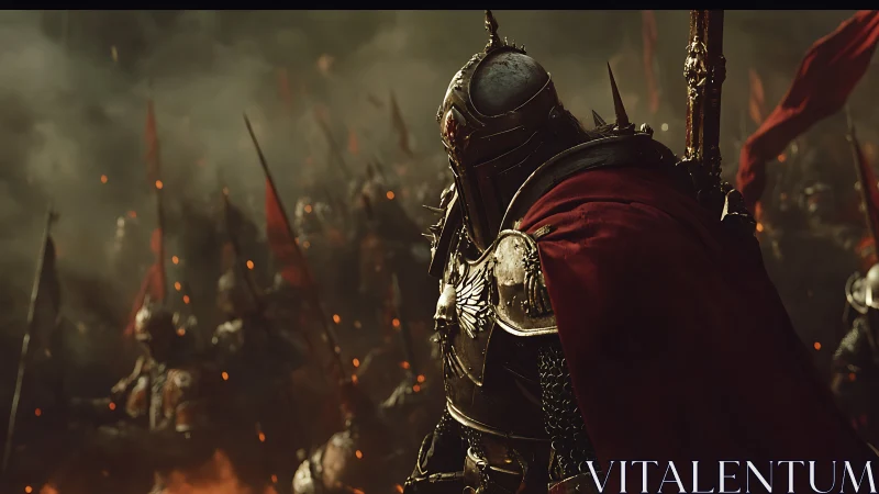 Cinematic armored warlord in crimson cloak, battle tableau.
