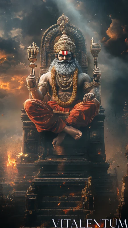 Divine warrior sage levitates over burning temple ruins