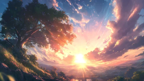 Sunlit hillside rest under a glowing dreamlike sky.