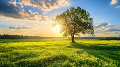 Solitary deciduous tree in sunlit green field at sunset.