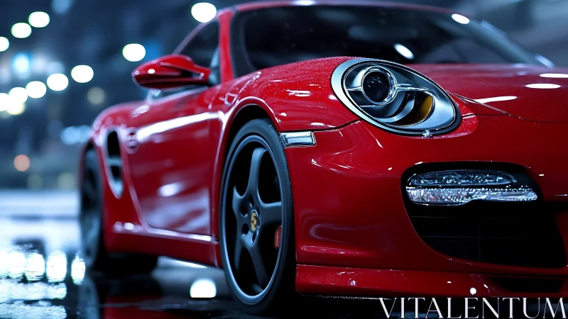 Low-angle wet-surface study of red sports coupé illumination.