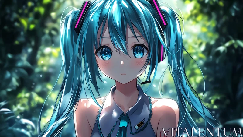 Blue haired anime girl with headset in forest light.