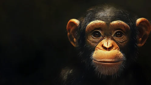 Close-up digital portrait of a young chimpanzee face.