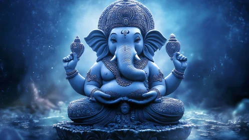 Luminescent cyan Ganesh sculpture in aqueous mist field.