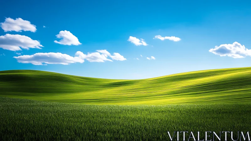 Sunlit green hills under vivid blue sky with clouds.