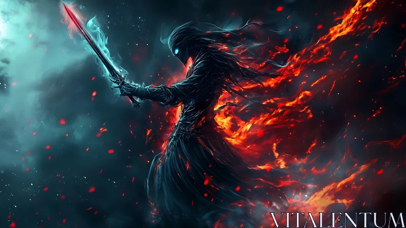 Flaming wraith warrior brandishes a glowing ethereal sword.