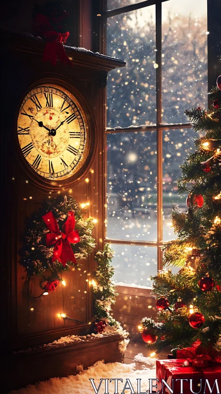 Vintage clock and Christmas tree framed by softly falling snow