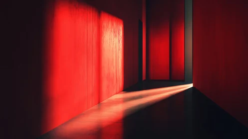 Red corridor interior with directional sunlight entering through doorway