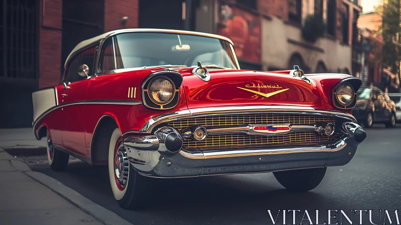 Urban-parked red classic coupe with chrome-intensive front fascia.