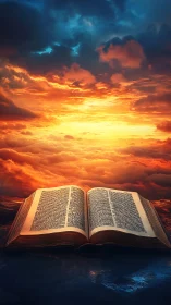 Open illuminated book rests before radiant celestial sky