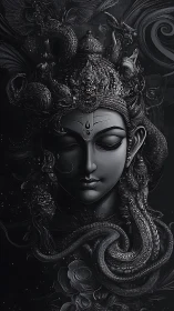 Mystical deity portrait glows softly in intricate shadowed silver