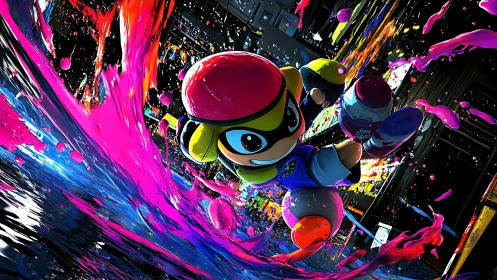 Ink-slinging street sprinter surfing neon tidal splashes.