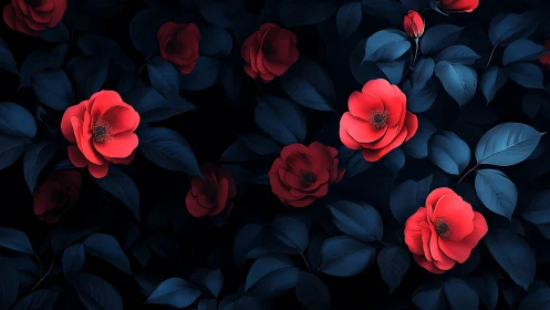 Vibrant Red Roses Bloom Against Deep Blue Foliage
