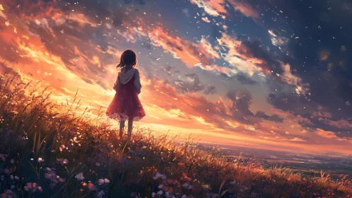 Twilight meadow girl gazing into a sky of drifting embers.
